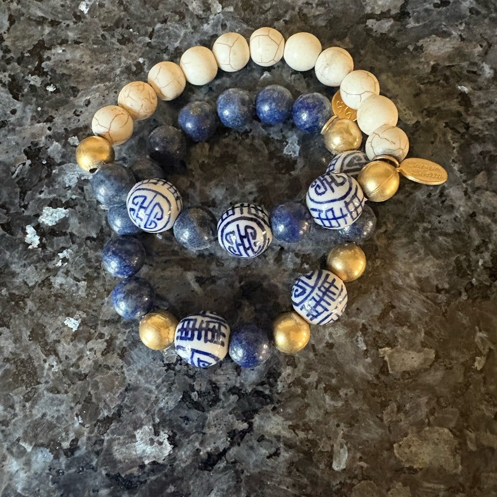 Artisan Blue and Gold Beaded Bracelet Set